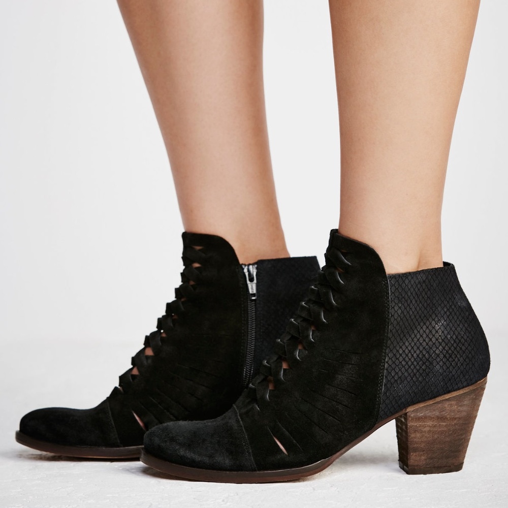 Free People Loveland Black Suede Cut Out Ankle Boots